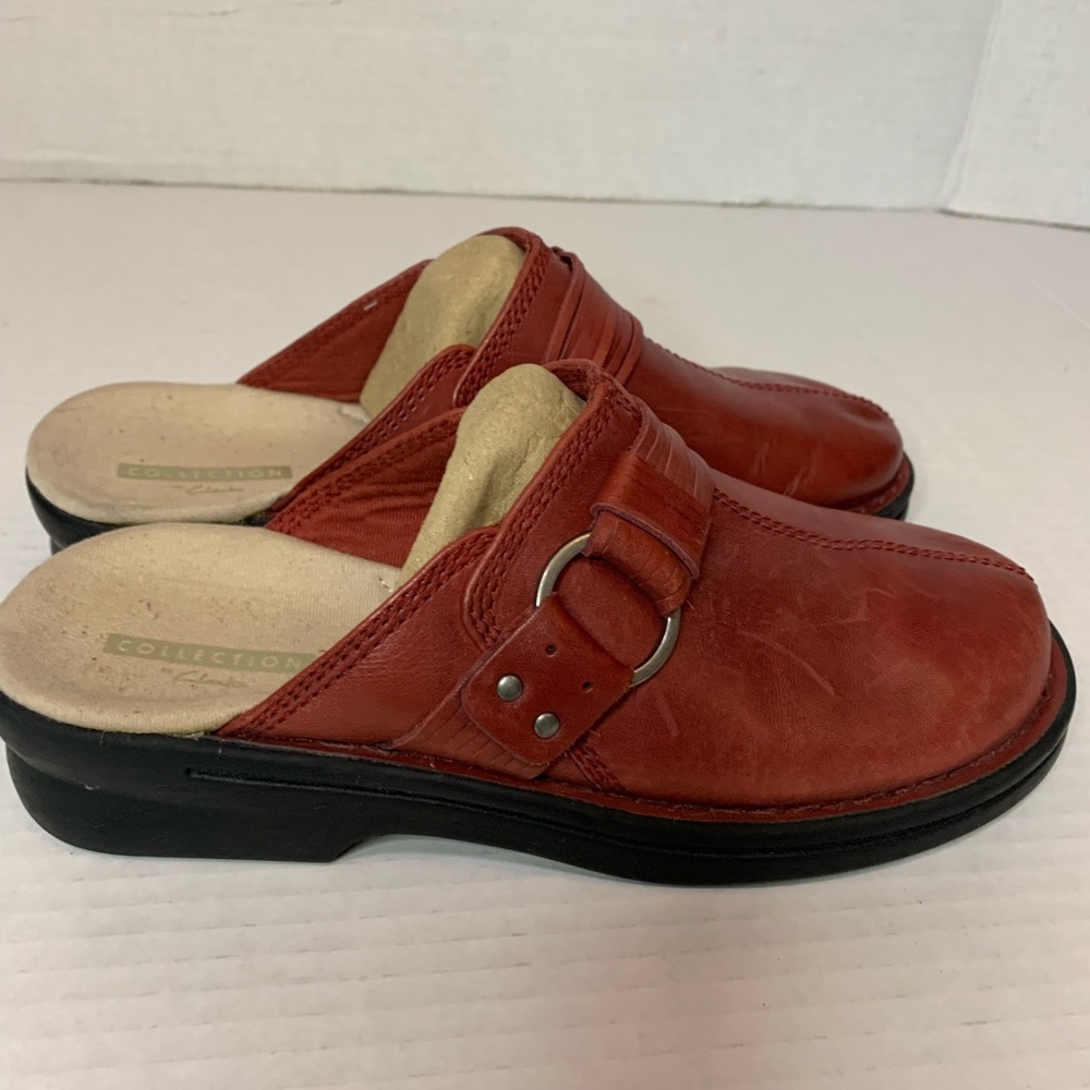 Clarks Red Leather Mules 5